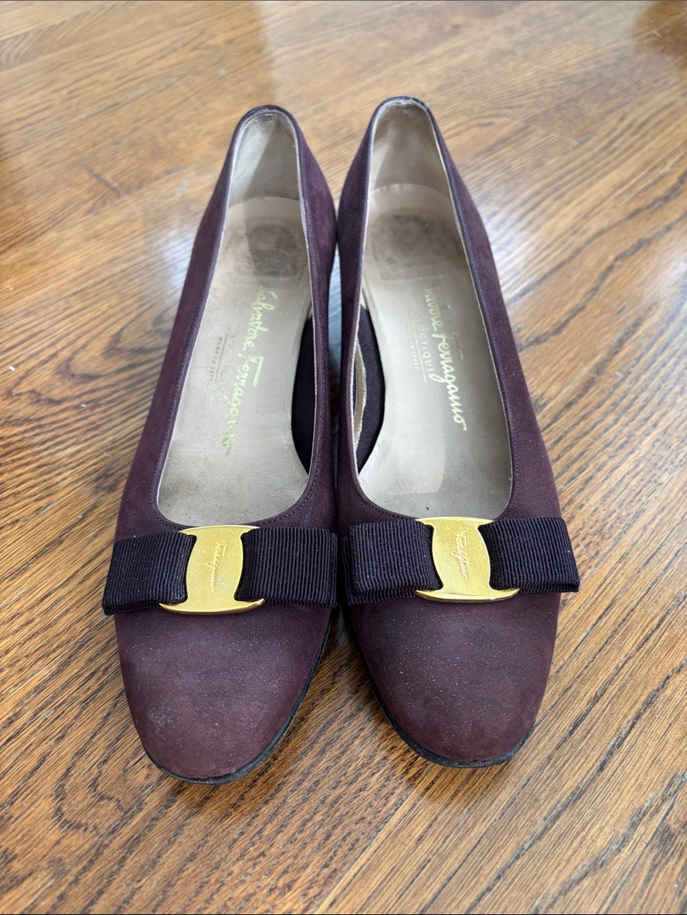 Salvatore Ferragamo Burgundy Suede Vara Bow Flats with Gold Buckle